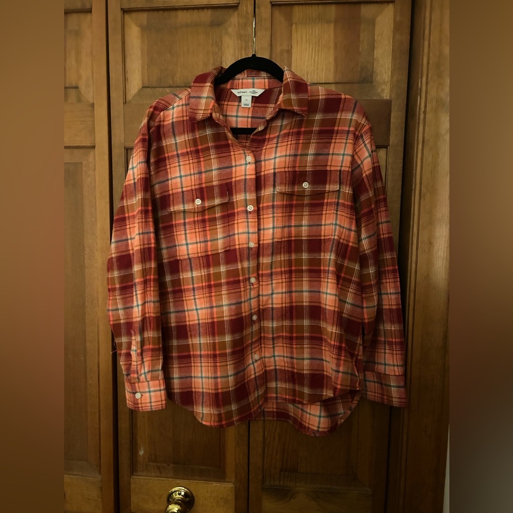 Old Navy M Cotton Red/Orange Plaid/Striped Button Down The Boyfriend Shirt